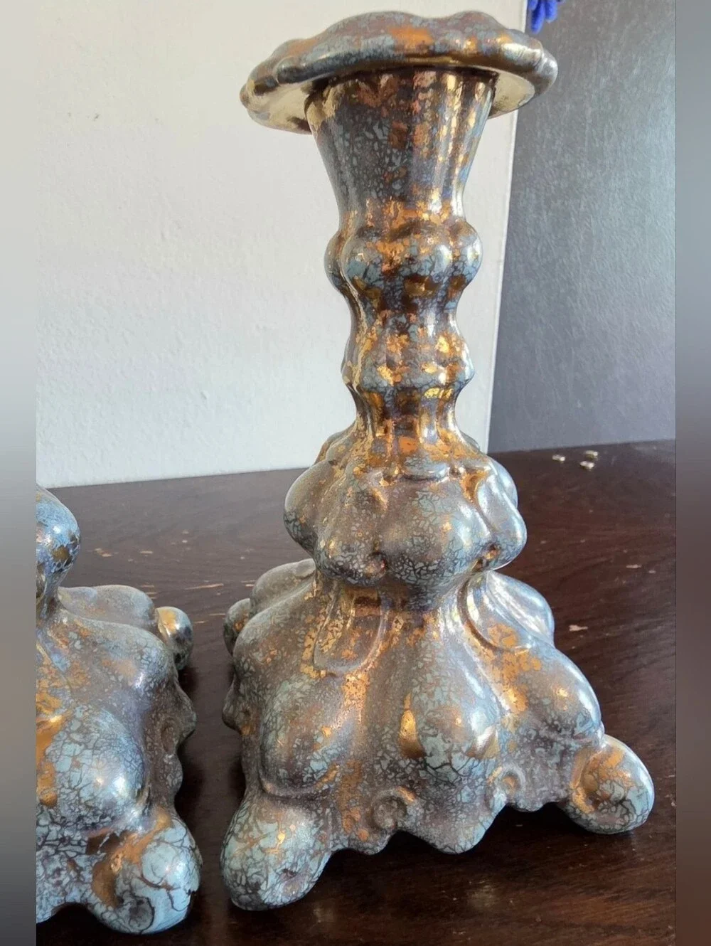 Home Accents Blue and Gold Distressed Ceramic Candlestick Pair